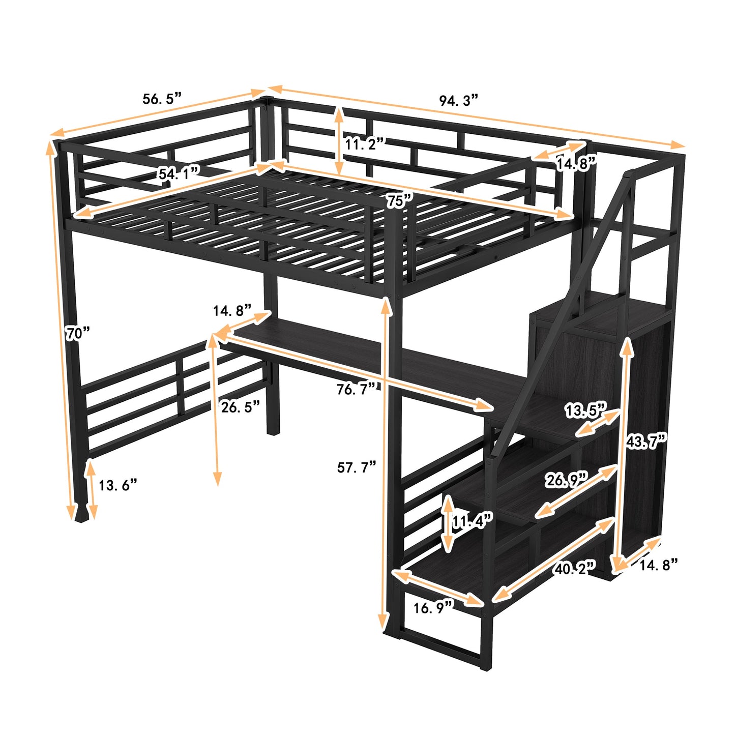 Cama loft de metal de tamaño completo con escritorio y opciones de almacenamiento