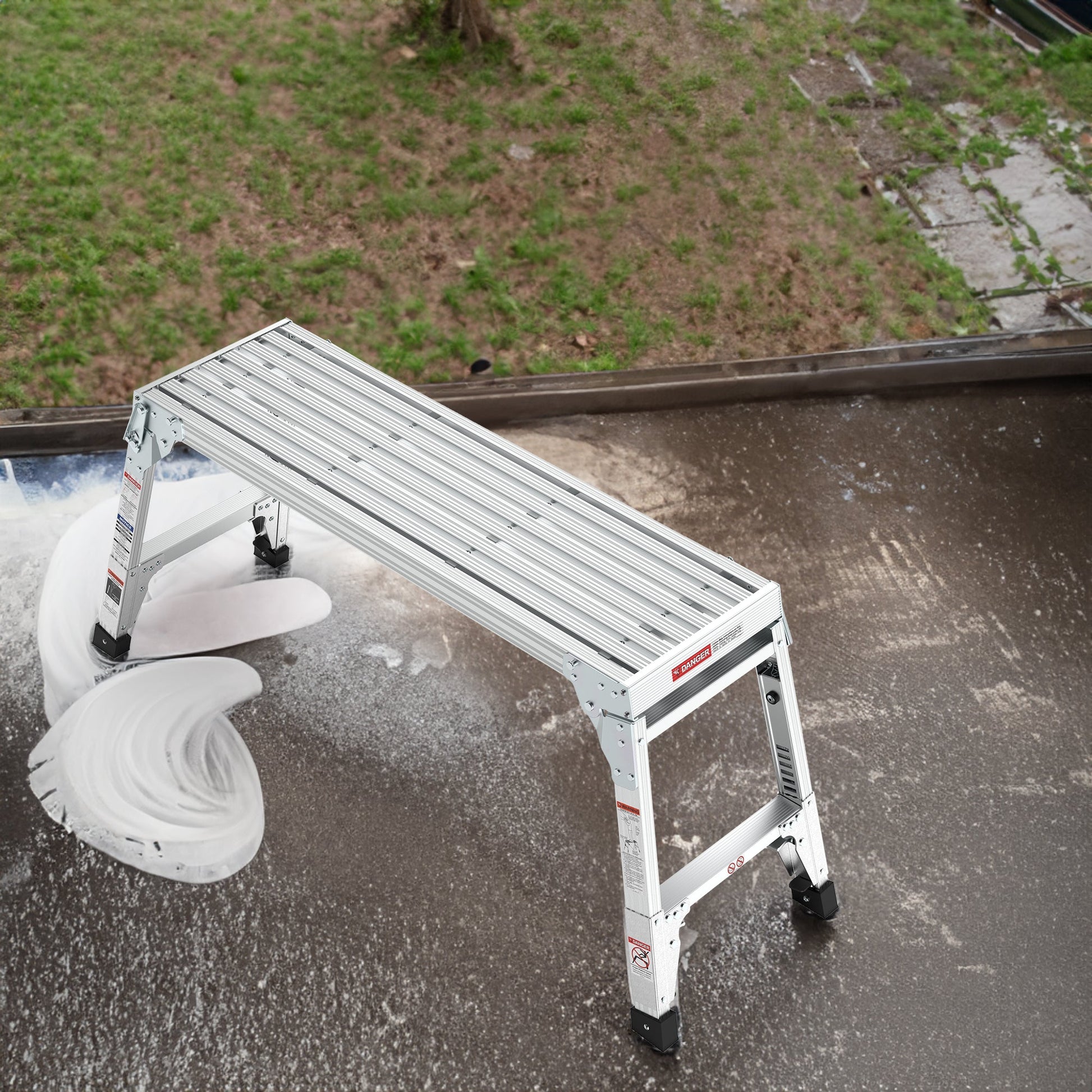 Aluminum Work Platform Large Size Step Stool Folding Portable Work Bench 40" Width Telescopic Feet 22" -27.5" Height Adjustable - Korvel