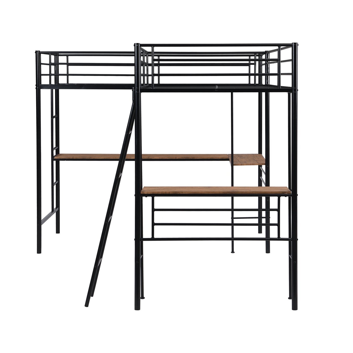 Twin Size Metal Loft Bed with Two Built-in Desks Black - Korvel