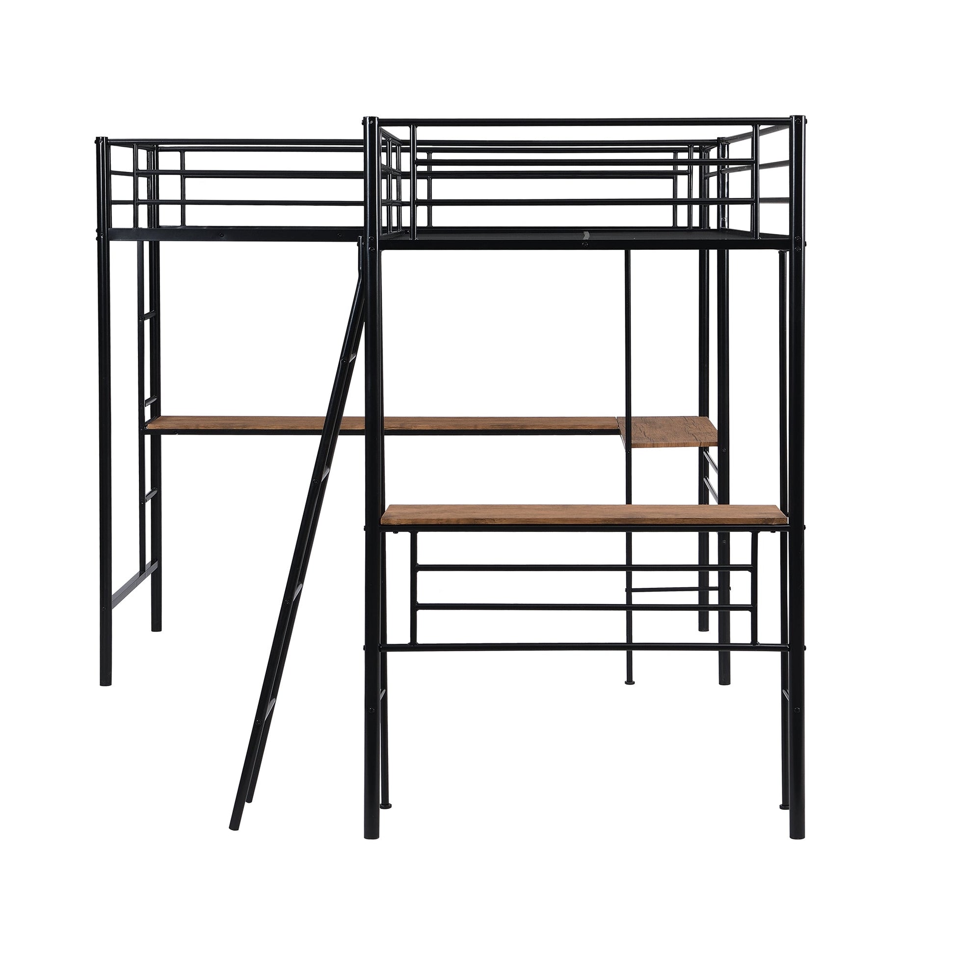Twin Size Metal Loft Bed with Two Built-in Desks Black - Korvel