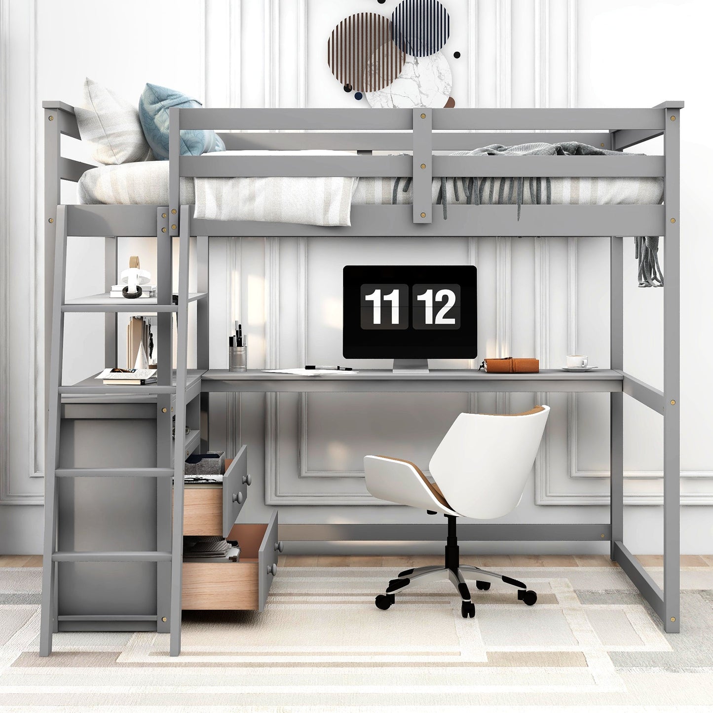 Full Size Loft Bed with Desk and Shelves - Gray
