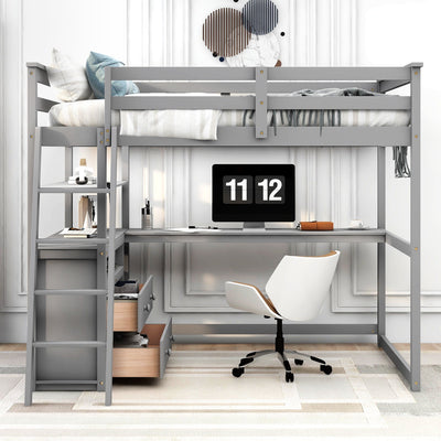 Full Size Loft Bed with Desk and Shelves - Gray