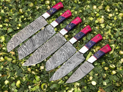 Premium 6-Piece Kitchen Knife Set with Exquisite Damascus Steel Blades and Elegant Wood Handles - Korvel