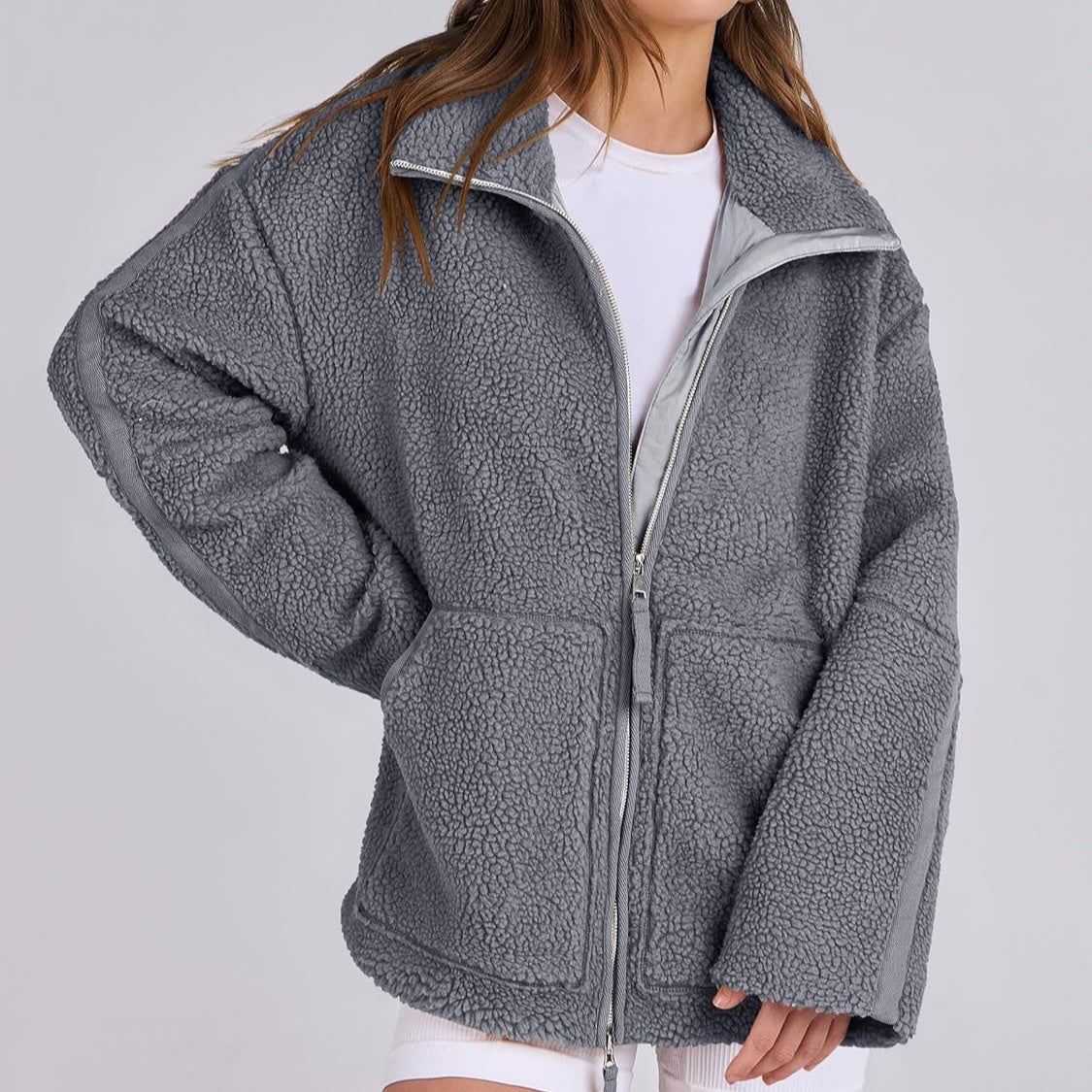 Manteau élégant d'hiver à col avec fermeture éclair et poches