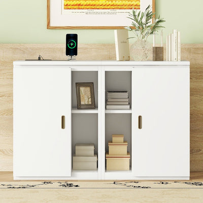 Full Size Murphy Bed with Shelves and USB Ports - White