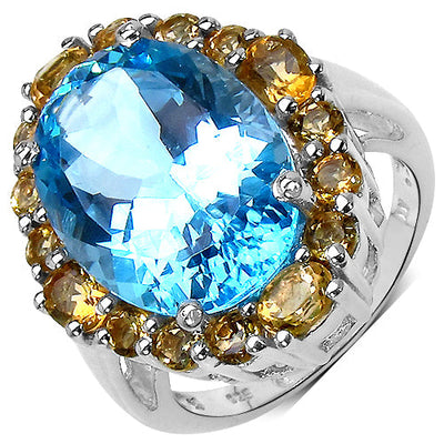 12.73 Carat Blue Topaz & Citrine Sterling Silver Engagement Ring
