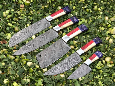 Artisan Damascus Steel 5-Piece Culinary Knife Set with Bone and Exotic Wood Handles - Elegance in a Leather Roll - Korvel