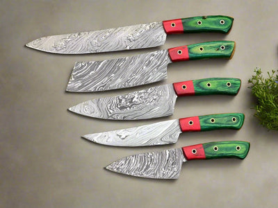 Exquisite VerdantInferno Damascus Steel Knife Collection – 8 to 13 Inch Blades with Stunning Green & Red Wood Handles - Korvel