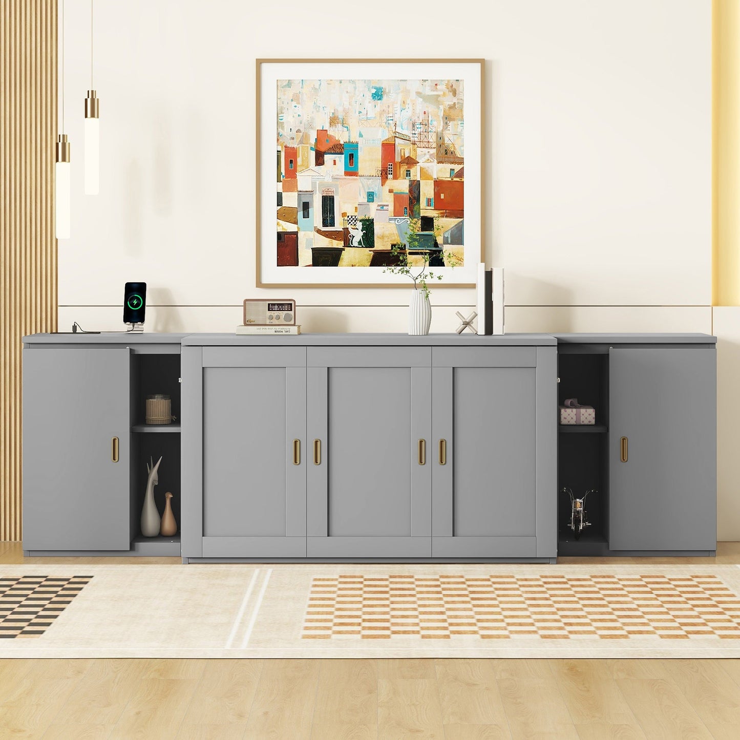 Full Size Murphy Bed with Shelves and USB Ports - Gray