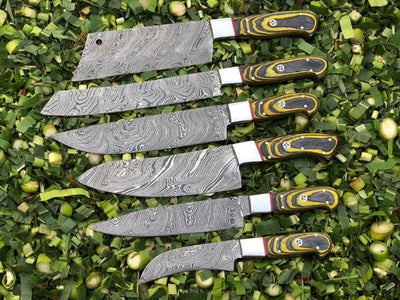 Masterpiece Kitchen Knives Set: 6-Piece Collection with Twist Damascus Blades and Exotic Wood Handles - Korvel