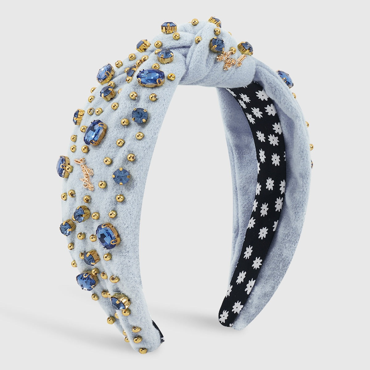 Retro Wide Edge Knot Bead Water Diamond Plush Fabric Thickened Letter Hair Hoop - Korvel