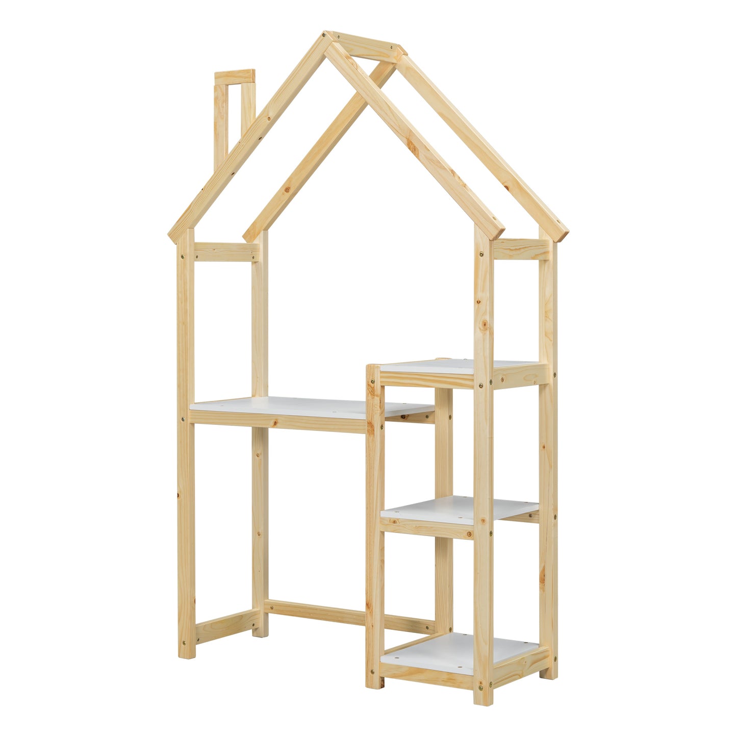 House-shaped Wooden writing Desk Kids study Table Bookshelf & Toy Storage Natural - Korvel