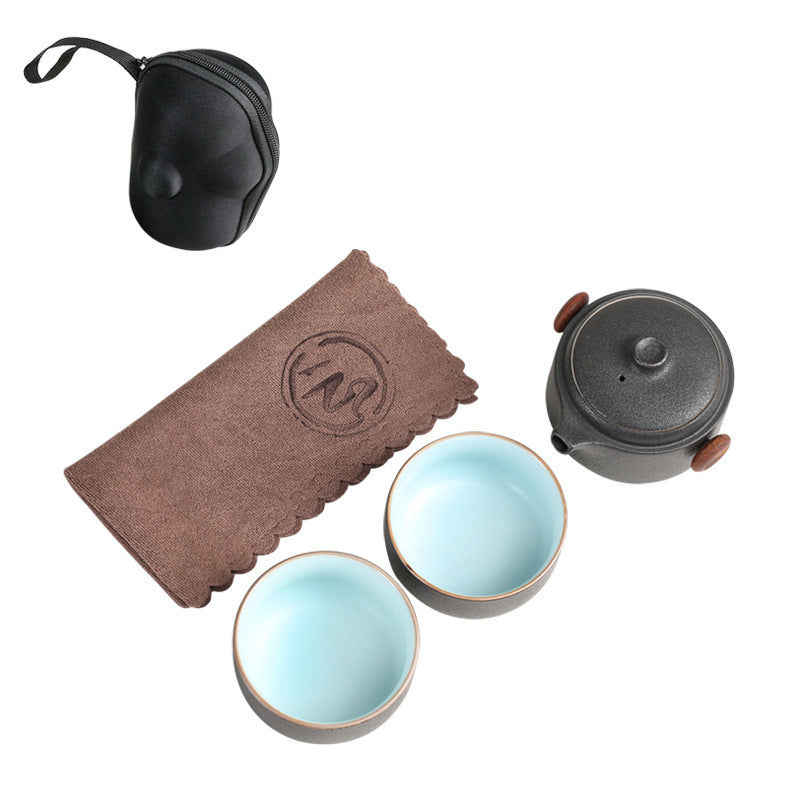 Black pottery quick guest cup one pot two cups household outdoor travel tea set portable bag Kung Fu outdoor portable bubble - Korvel