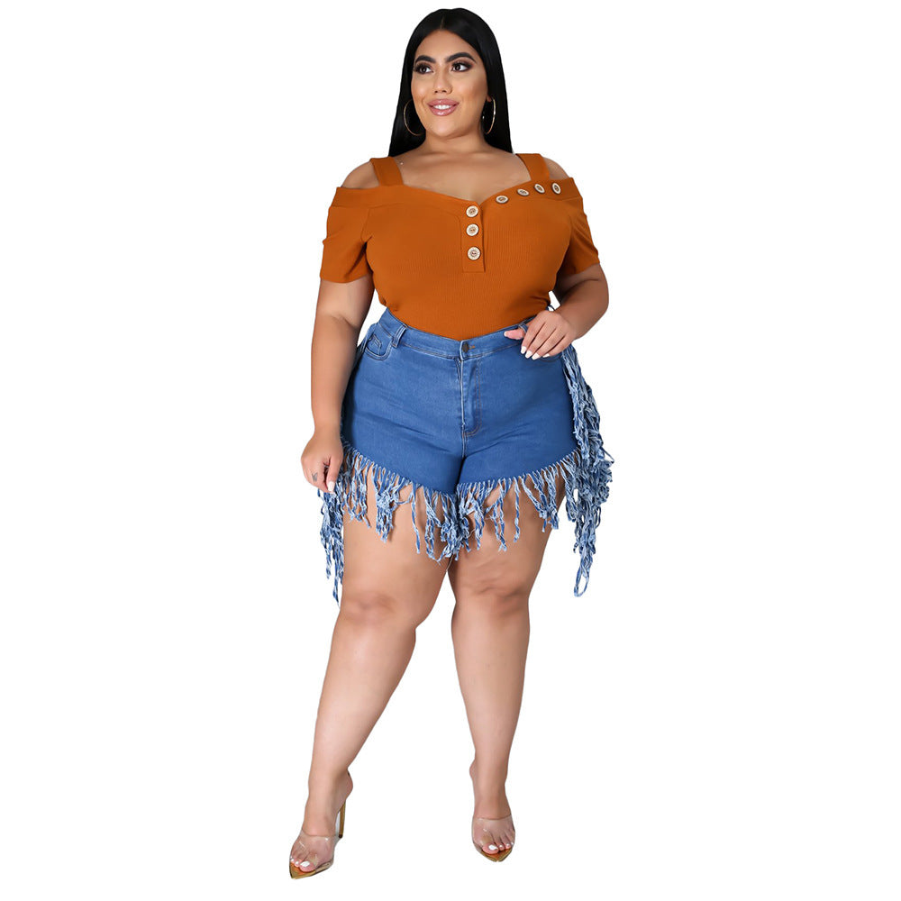 Retro High-Waisted Denim Shorts with Frayed Tassels