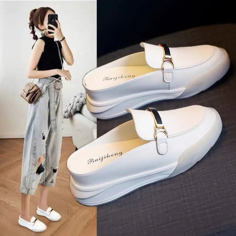 Sandales à plateforme blanches en cuir pour femmes - Style Baotou