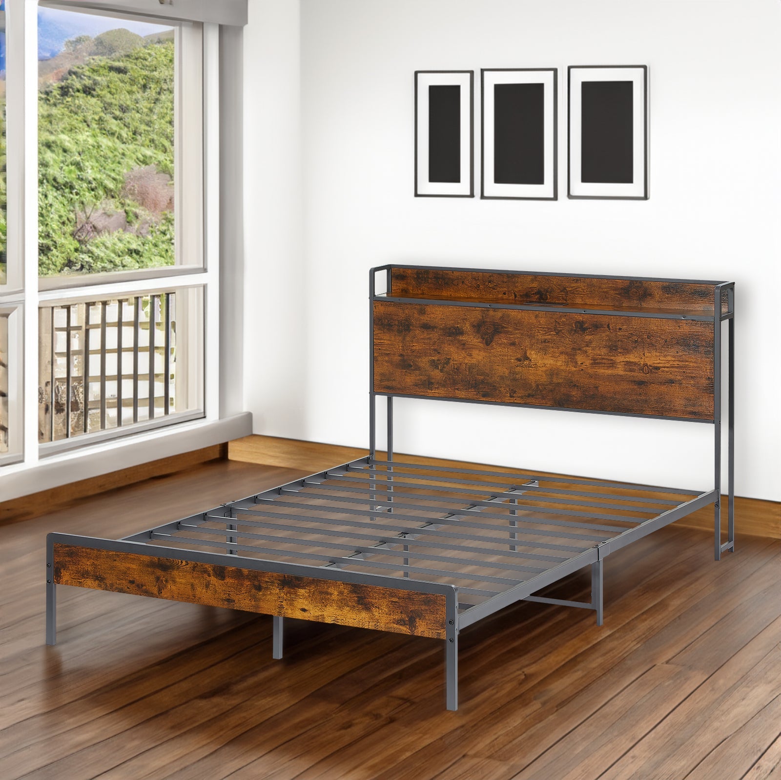 Bed frame with charging station full size, Rustic Brown, 83.1'' L x 56.1'' W x 39'' H - Korvel