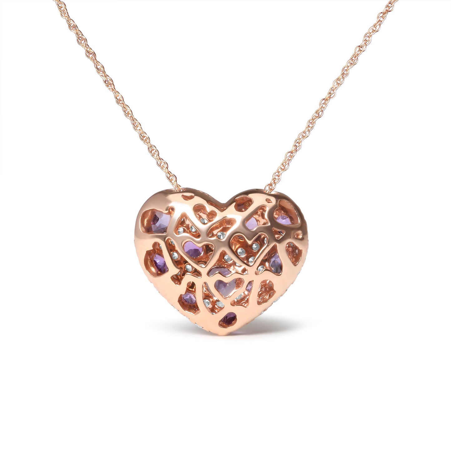 18K Rose Gold Diamond & Amethyst Heart Pendant Necklace