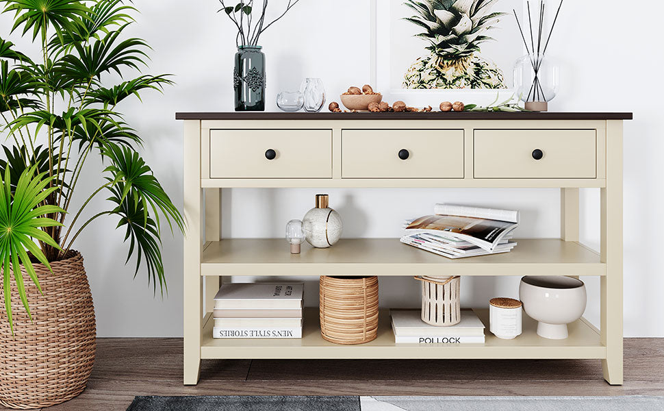 Table Console Rétro avec Étagères Ouvertes - Espresso et Beige