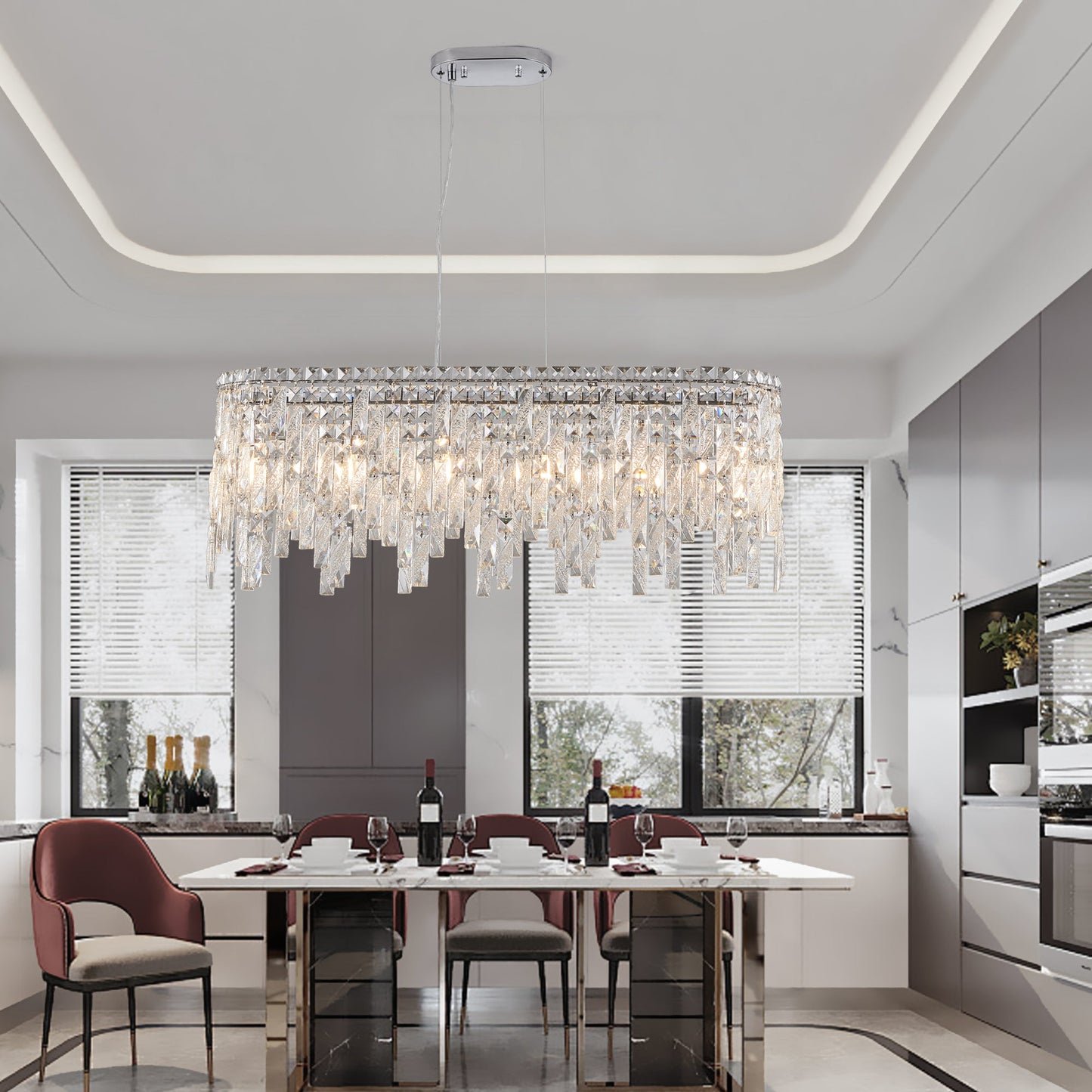 Silver elegant oval crystal pendant light, modern ceiling fixture with reflective suspended crystal (bulb not included) - Korvel