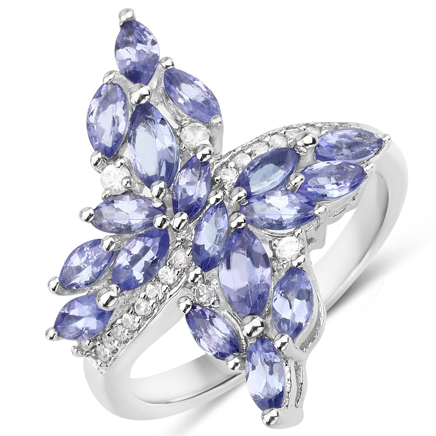 1.73 Carat Genuine Tanzanite and White Zircon Sterling Silver Ring