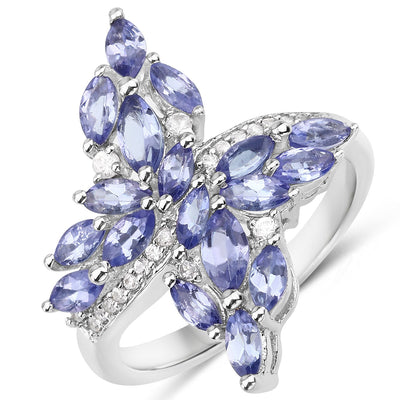 1.73 Carat Genuine Tanzanite and White Zircon Sterling Silver Ring