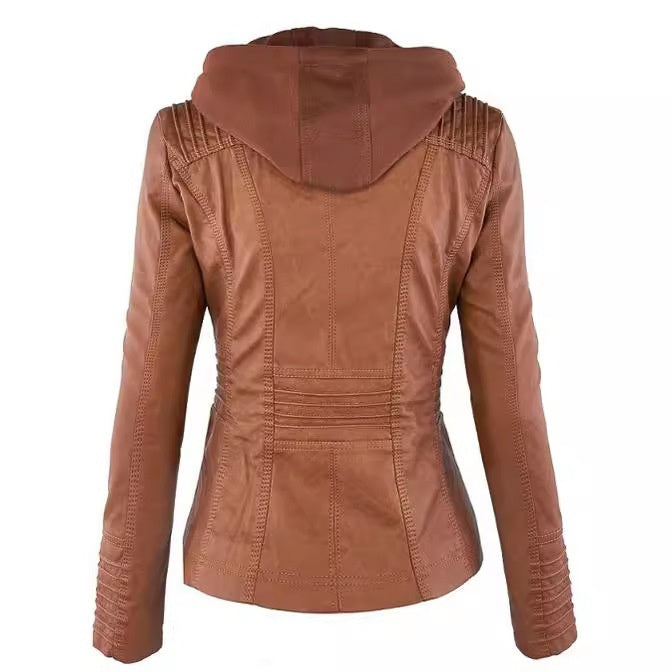 Women's Detachable Lapel Long Sleeve Solid Color Zipper Leather Jacket Coat - Korvel
