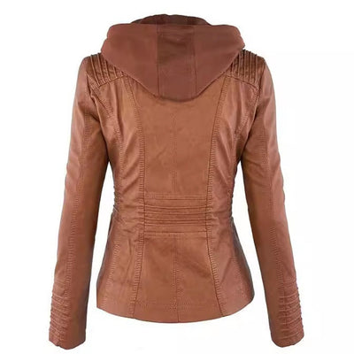 Women's Detachable Lapel Long Sleeve Solid Color Zipper Leather Jacket Coat - Korvel