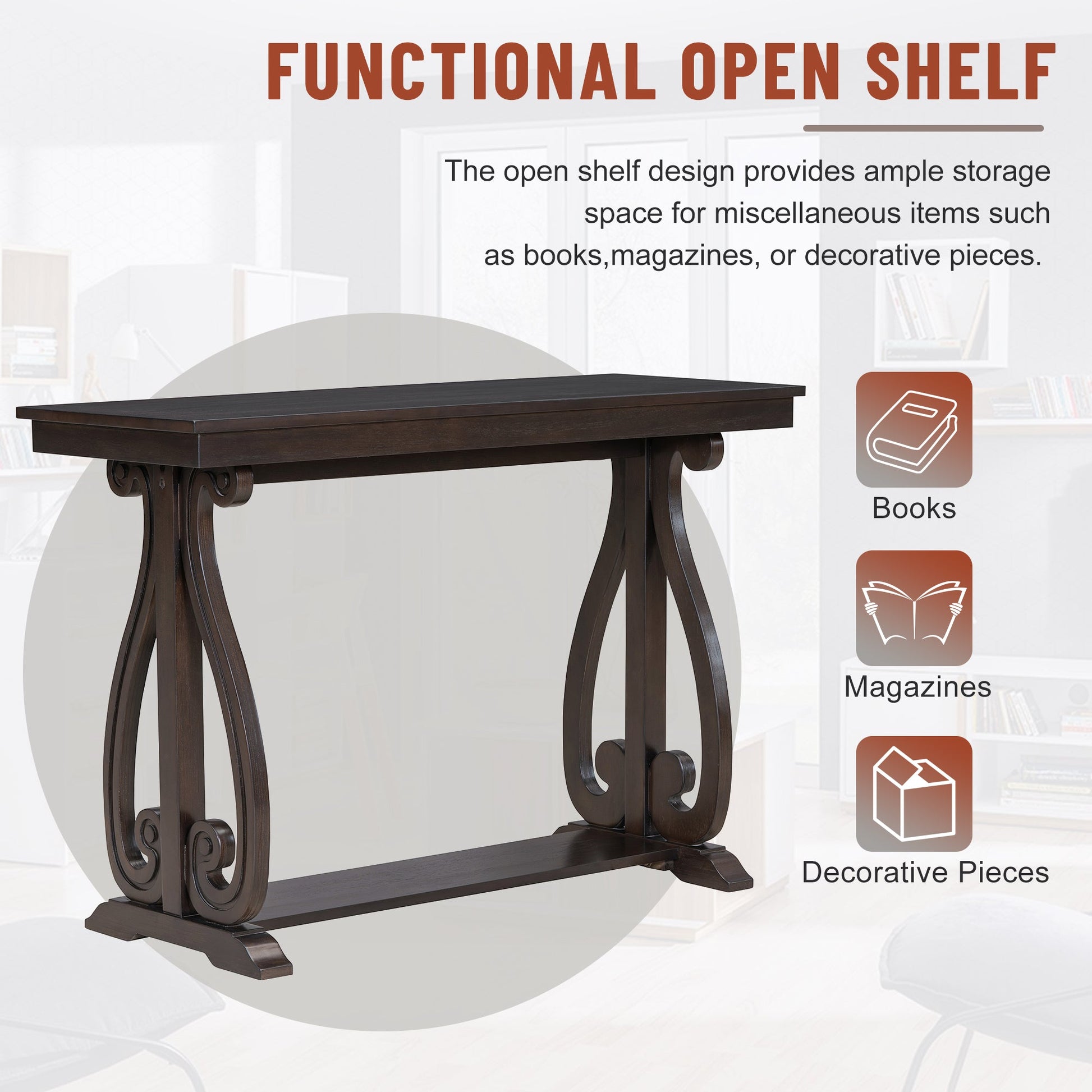 48-Inch Rustic Vintage Console Table --- Farmhouse Style Entryway Table with Open Shelf and Sturdy Construction  (Espresso) - Korvel