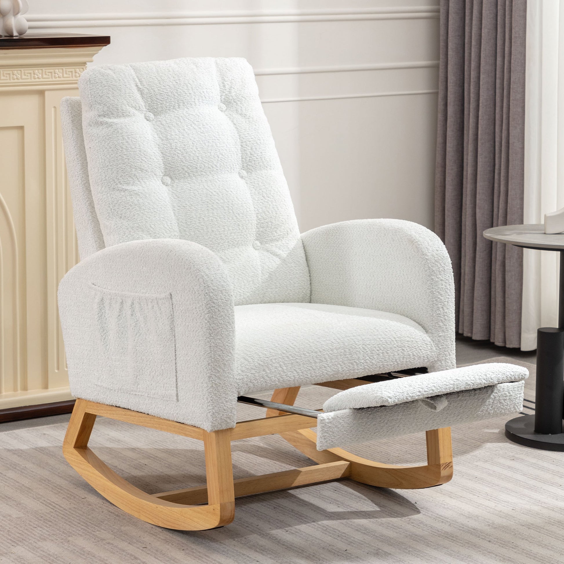 Accent Rocking Chair with Footrest High Back Rubber Wood Rocking Legs Bedroom Living Space 26.77D X 38.36W X 39.76H Inch - Korvel