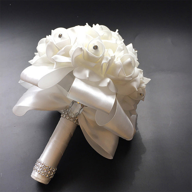 White Ivory Bridal Bridesmaid Flower Wedding Bouquet Artificial Flower Rose Bouquet Crystal Bridal Bouquets - Korvel