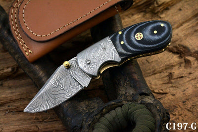 Artisan Crafted Damascus Steel EDC Compact Folding Knife with Micarta Handle & Leather Sheath by KBS Knives Store - Korvel