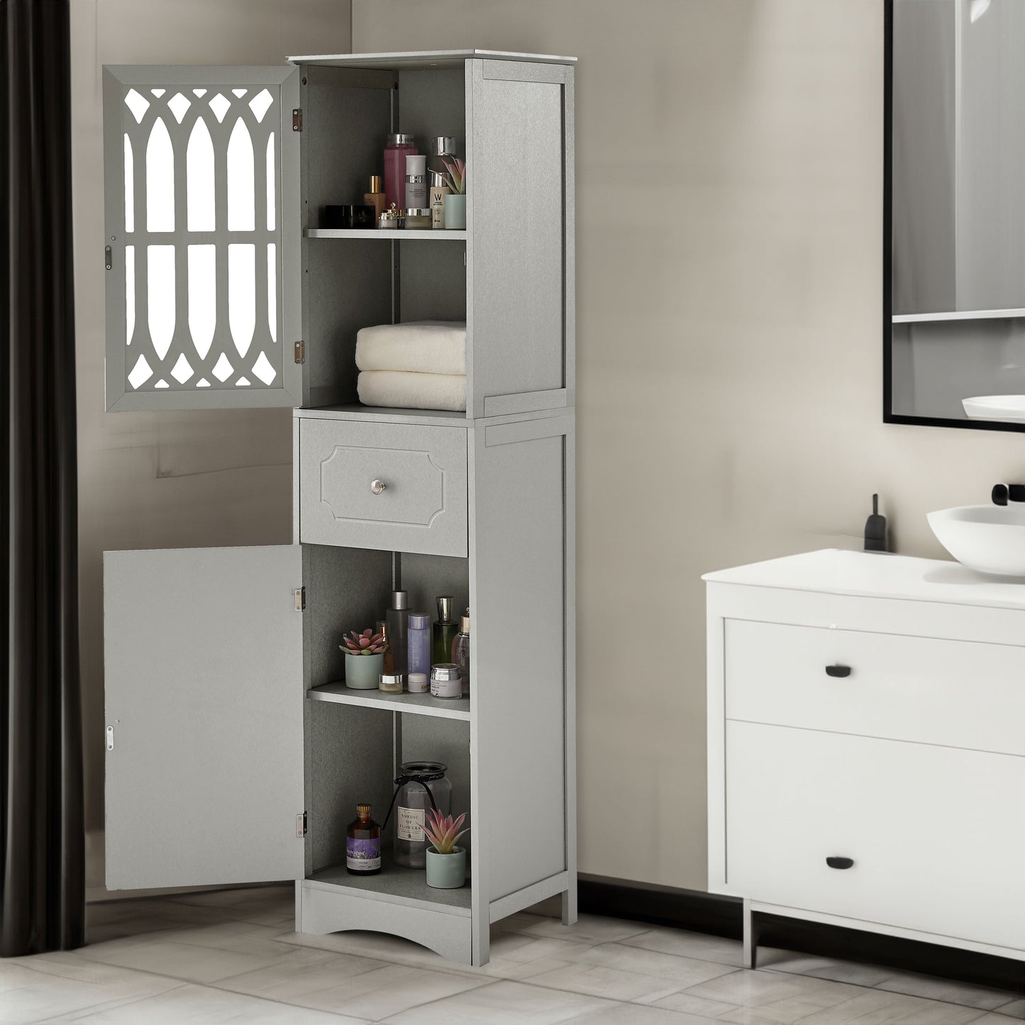 Tall Bathroom Cabinet, Freestanding Storage Cabinet with Drawer and Doors, MDF Board, Acrylic Door, Adjustable Shelf, Grey - Korvel