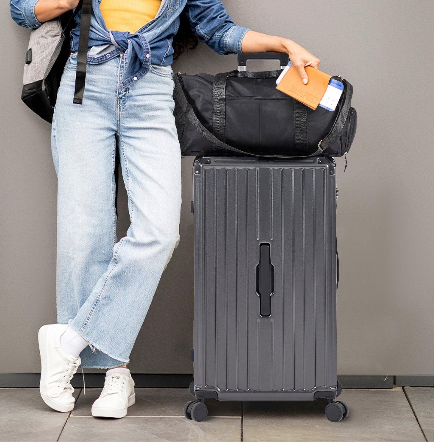 Luggage Set 4 pcs (20"/24"/29"/Travel Bag), PC+ABS Durable Lightweight Luggage with Collapsible Cup Holder, TSA Lock, Gray - Korvel