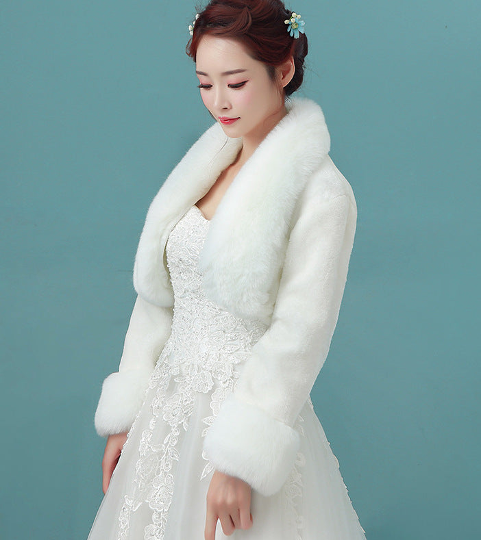 Bride's wedding dress fur shawl women's warm white cloak cheongsam jacket red cloak - Korvel