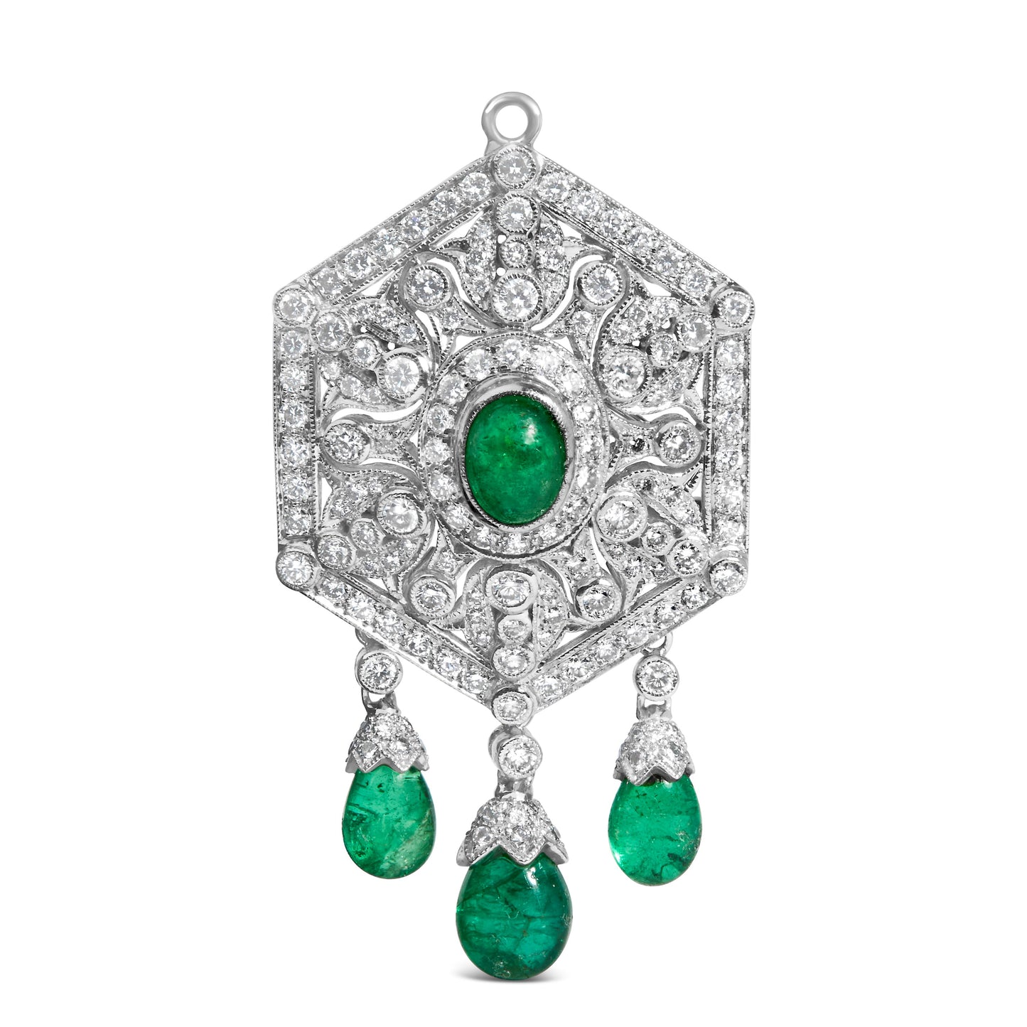 Broche Pin Colgante Art Deco de Diamante y Esmeralda de 18K