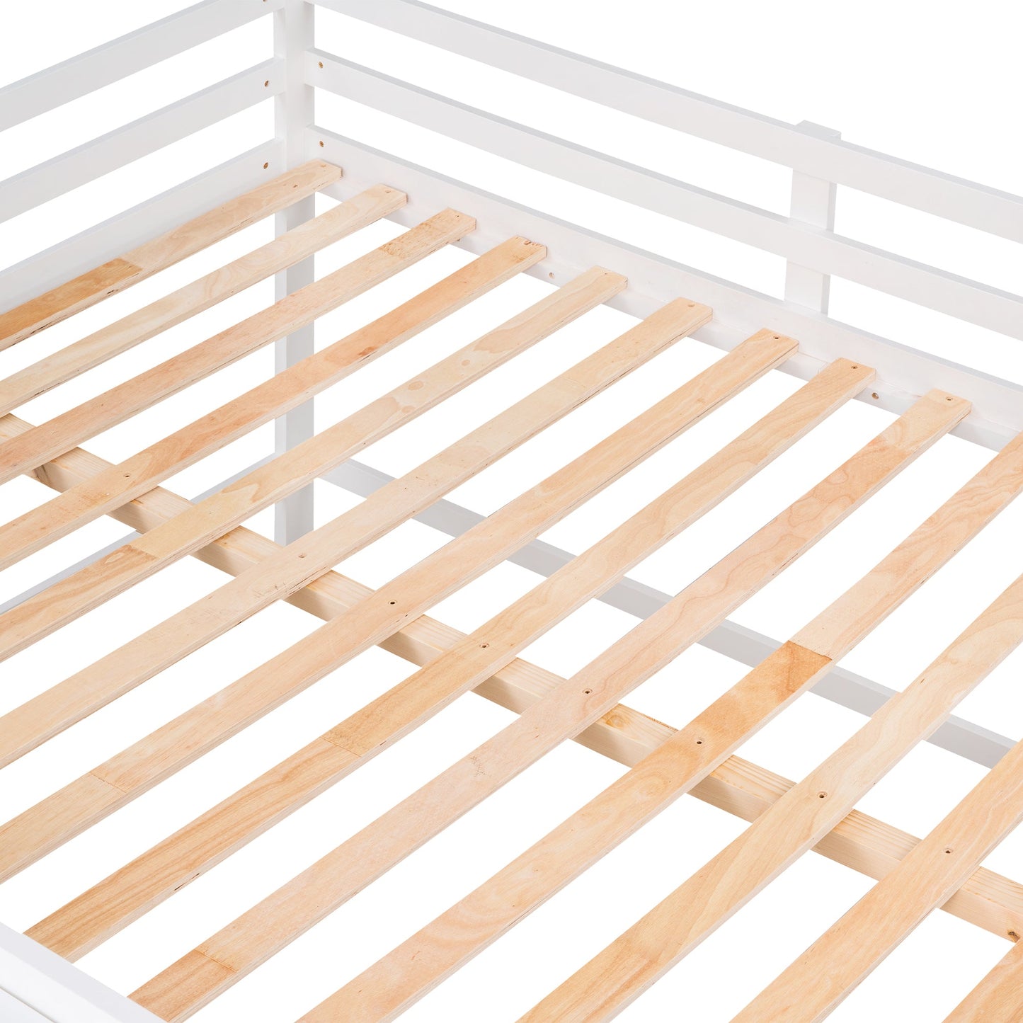 Full Size Low Loft Bed with Rolling Portable Desk, Drawers and Shelves, White - Korvel