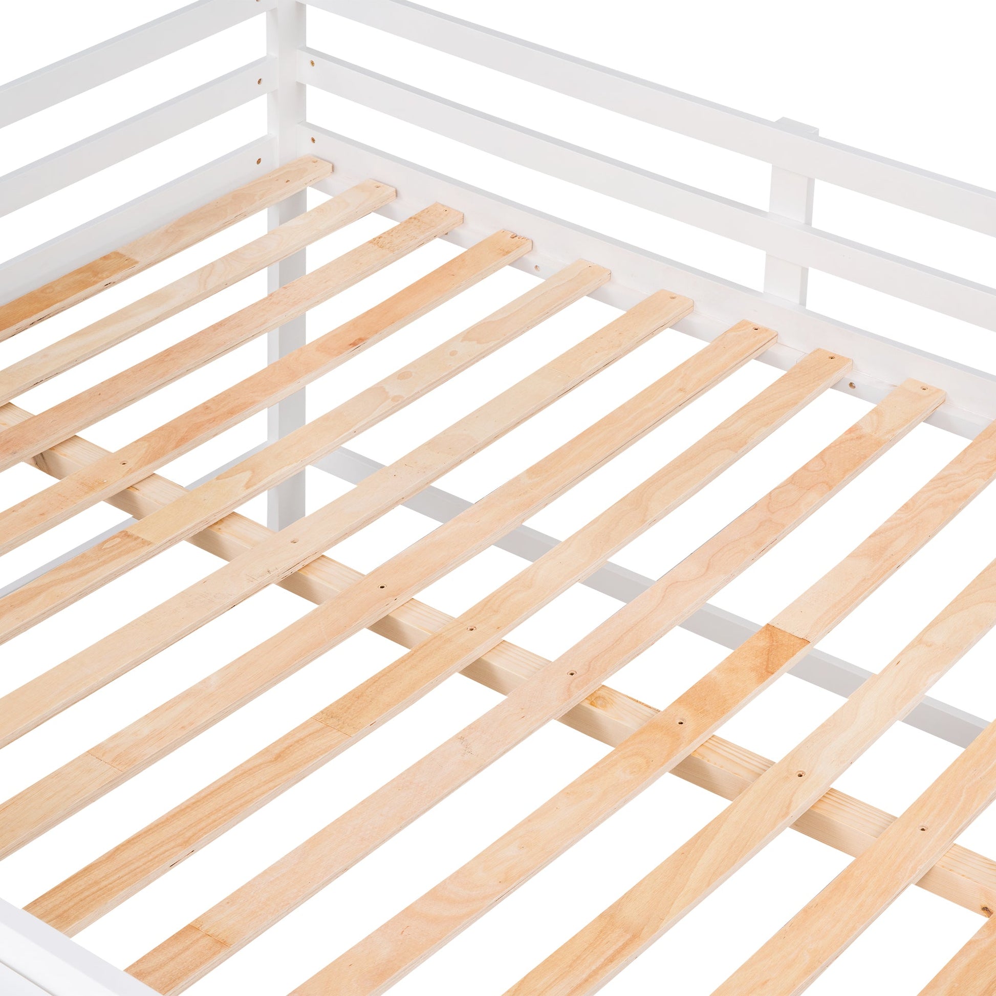 Full Size Low Loft Bed with Rolling Portable Desk, Drawers and Shelves, White - Korvel