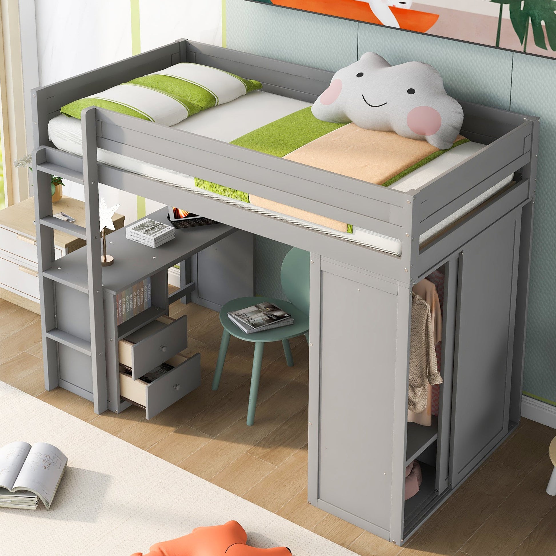 Wood Twin Size Loft Bed with Wardrobes and 2-Drawer Desk with Cabinet Gray - Korvel