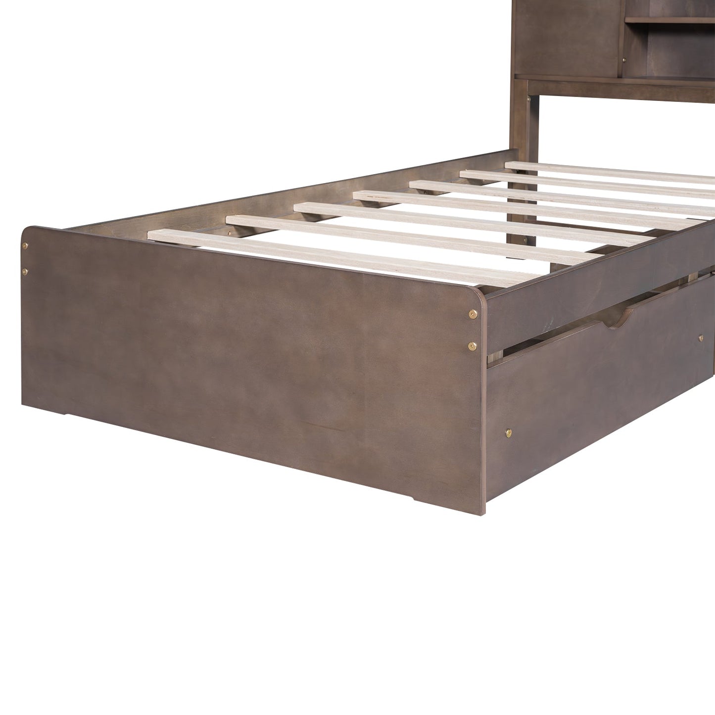 Twin Size Wood Platform Bed with House-shaped Storage Headboard and 2 Drawers Walnut - Korvel