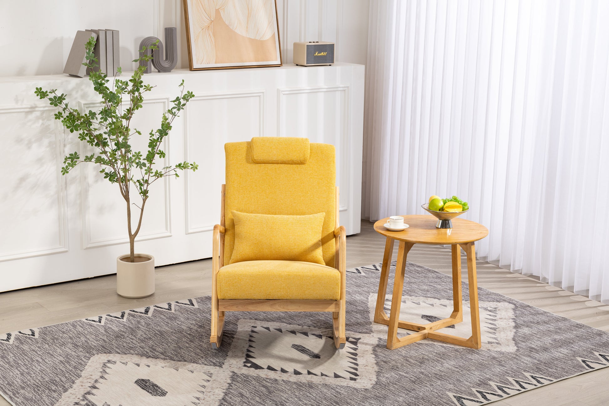 Rocking Chair Upholstered Fabric Rocking Armchair Indoor with High Backrest Glider Chairs and Lumbar Pillow for Living Room - Korvel