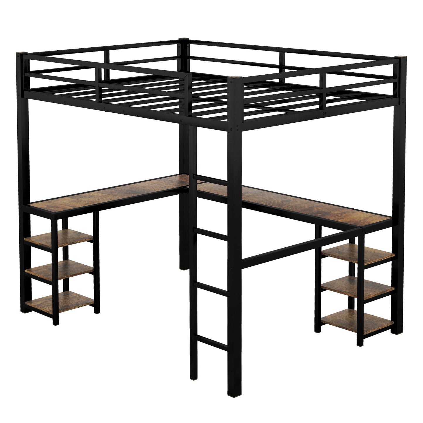 Full metal loft bed with desk and shelf, loft bed with ladder and guardrail, black with retro wood desk - Korvel