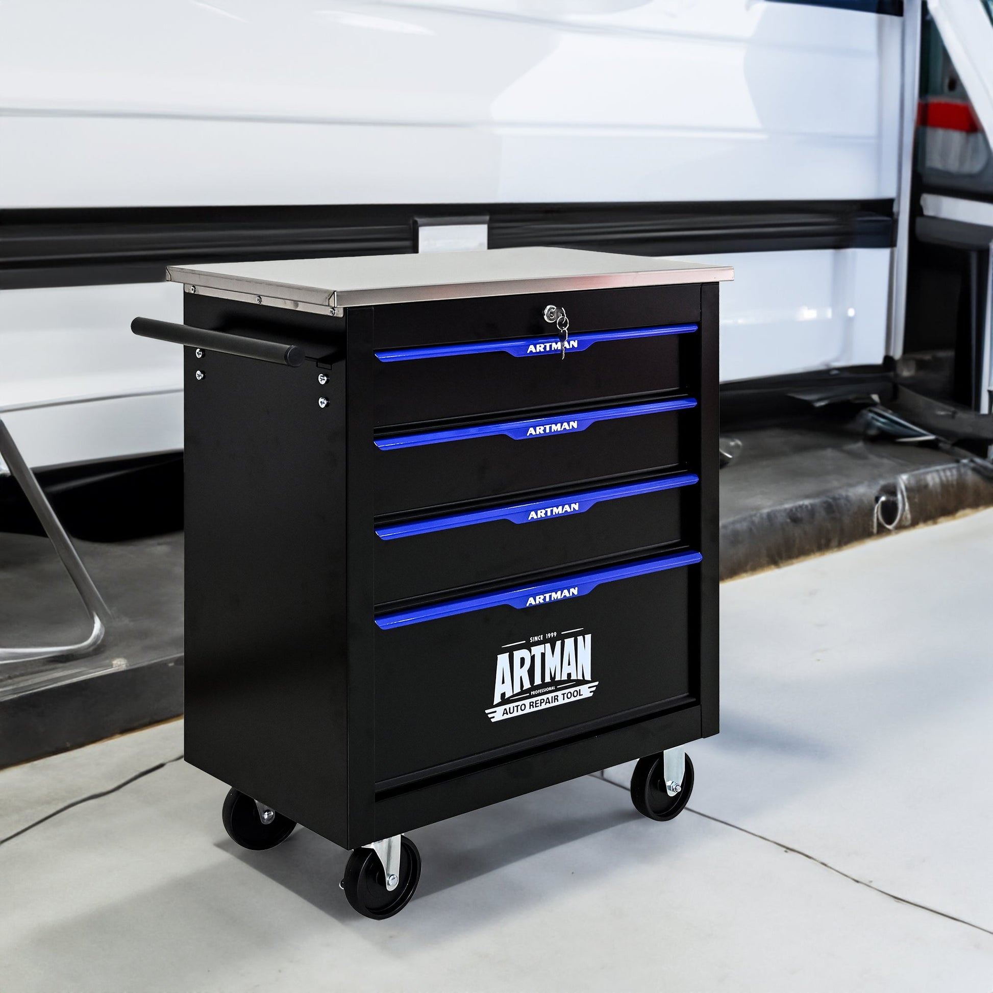 4 DRAWERS MULTIFUNCTIONAL TOOL CART WITH WHEELS-BLACK - Korvel