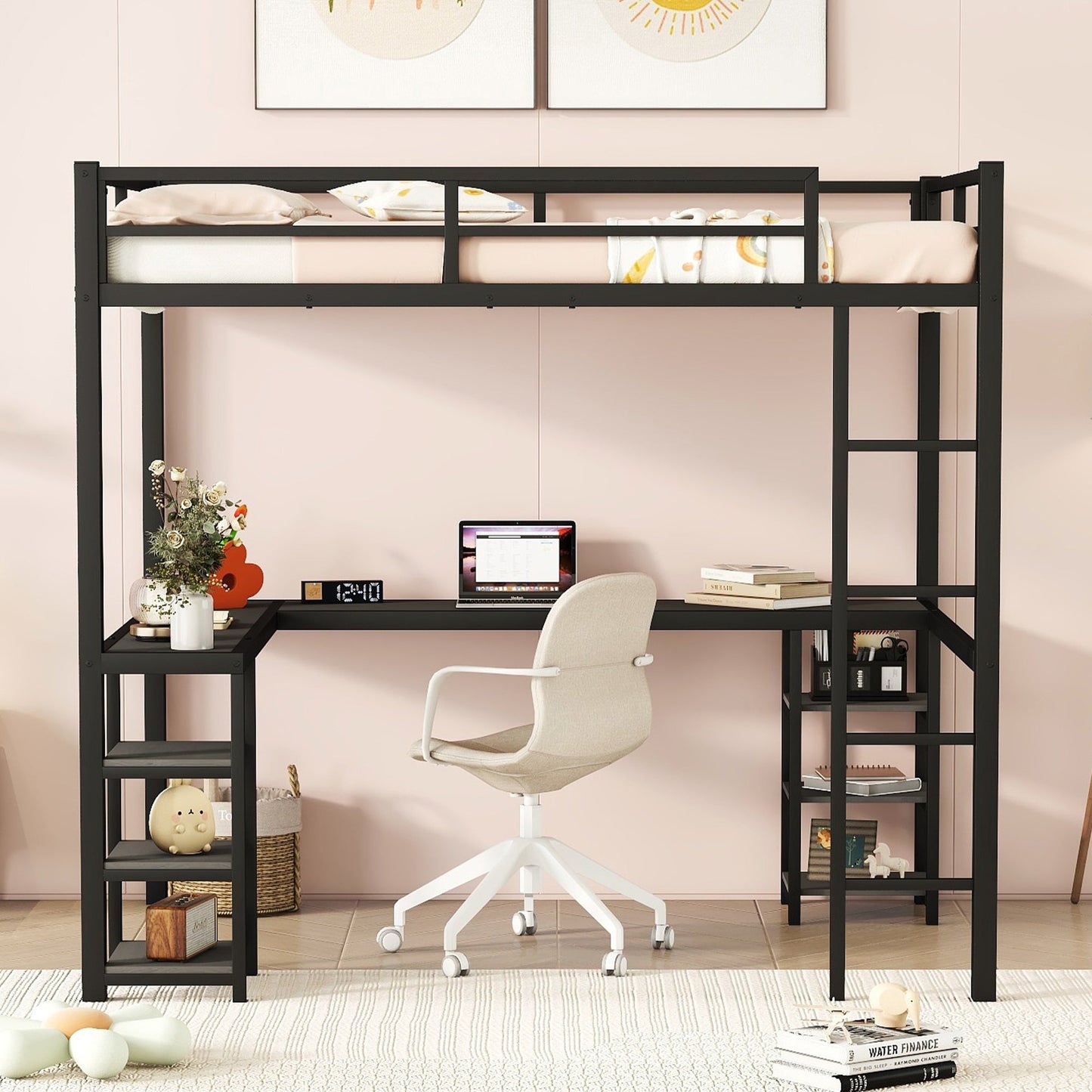 Cama loft de metal negro premium con escritorio y estantes
