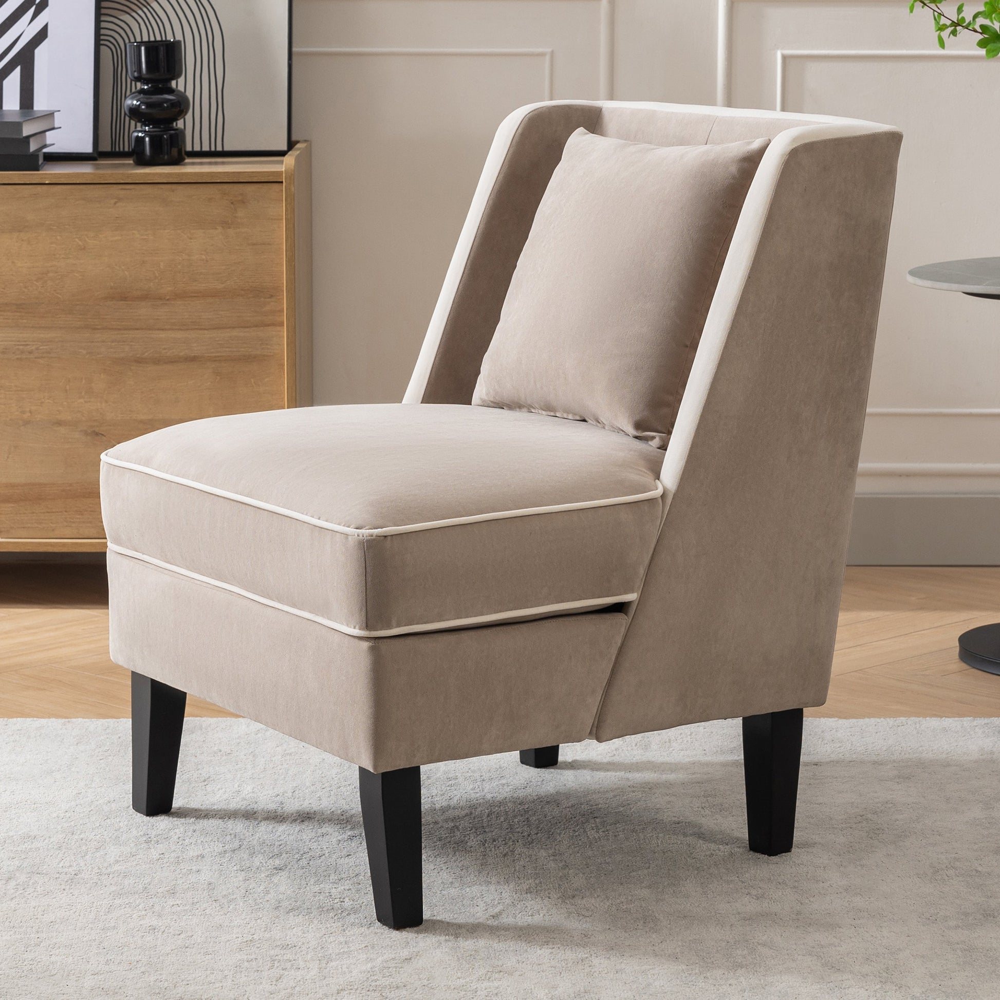 Velvet Upholstered Accent Chair with Cream Piping, Tan and Cream - Korvel