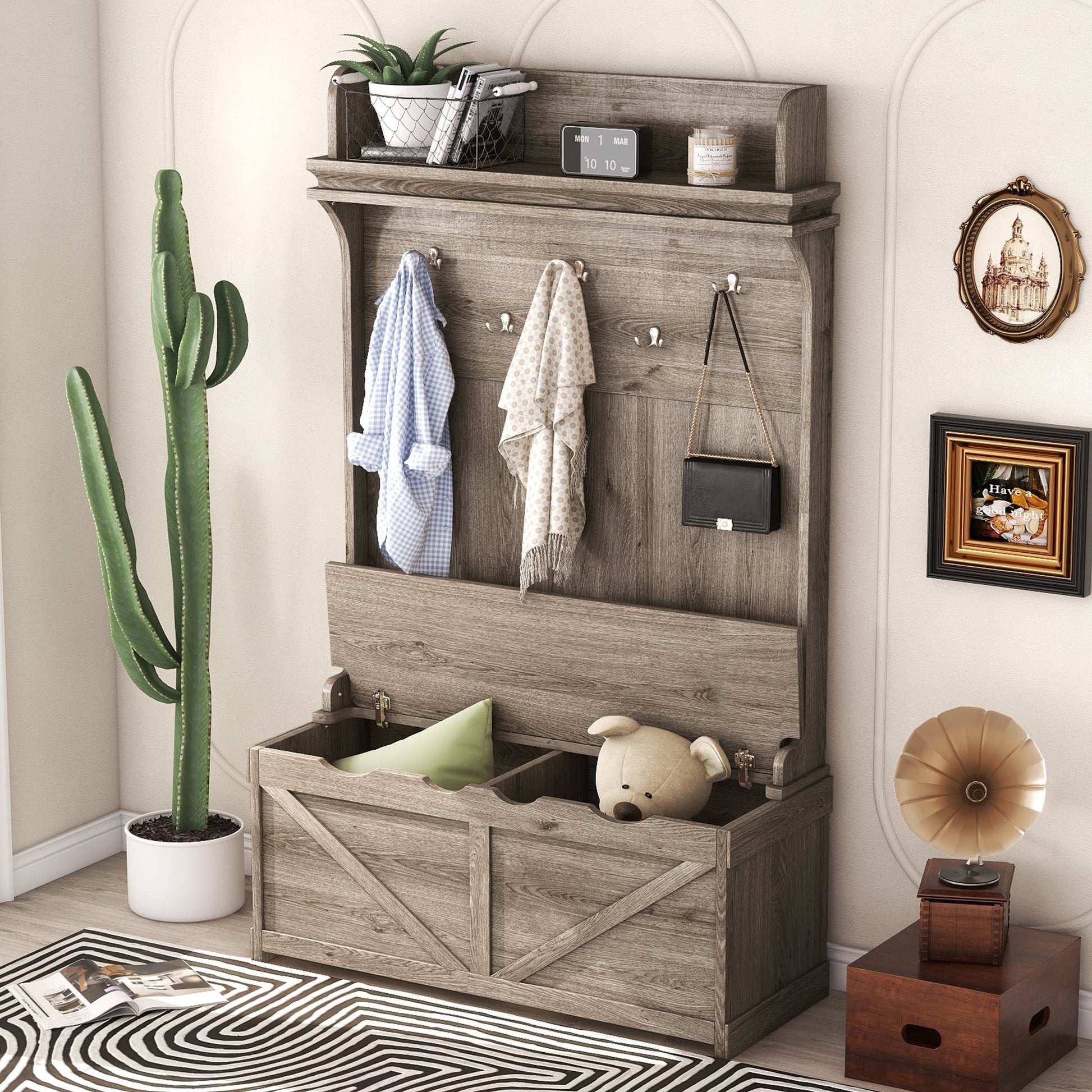 Hall tree with storage desk, entrance desk with drawers and 5 hooks, display rack,Oak - Korvel