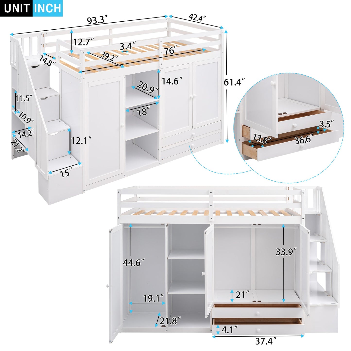 Functional Loft Bed with Storage and Shelves in White