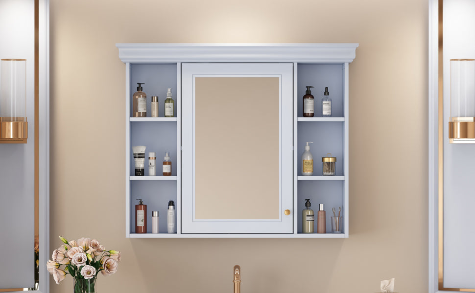 35'' x 28'' Blue Wall Mounted Bathroom Storage Cabinet with Mirror Door, Modern Bathroom Wall Cabinet with Mirror - Korvel