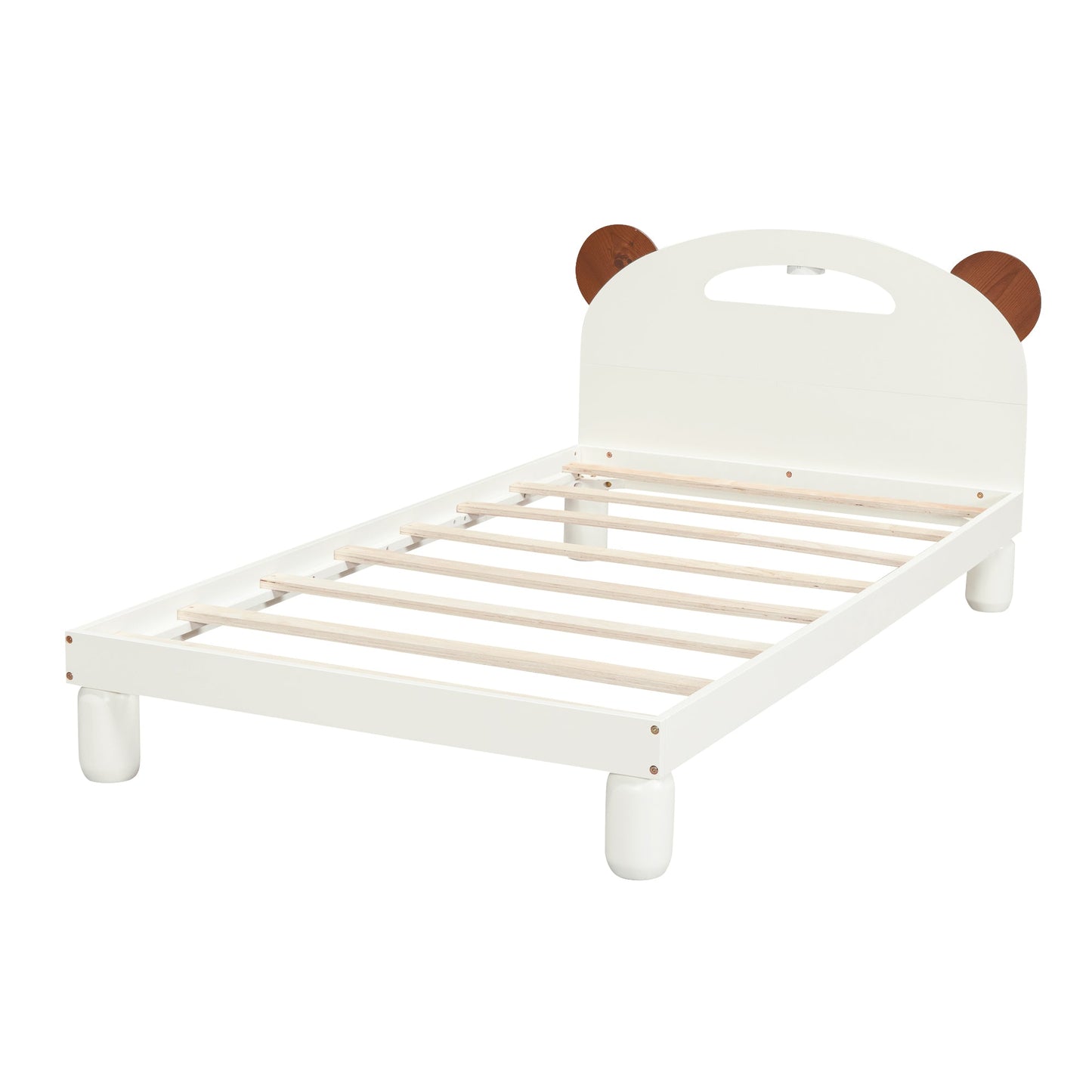 Twin Size Platform Bed with Bear Ears Shaped Headboard and LED Cream White - Korvel