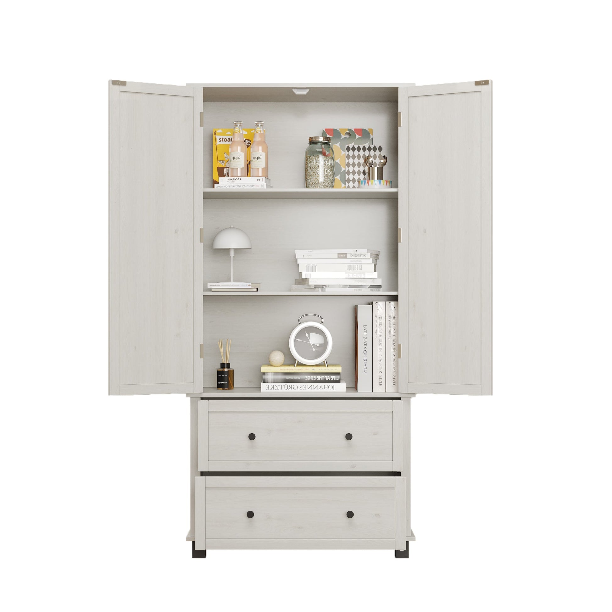 70 inch high kitchen pantry storage cabinet with 2 drawers and 3 shelves, large storage cabinet (antique white) - Korvel