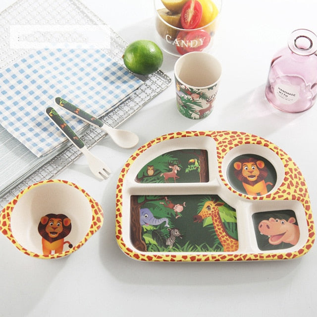5pcs/set Baby Dinnerware Bamboo Fiber Children Tableware Set Plate Dishes Bowl With Spoon Cartoon Feeding Set Food Container - Korvel